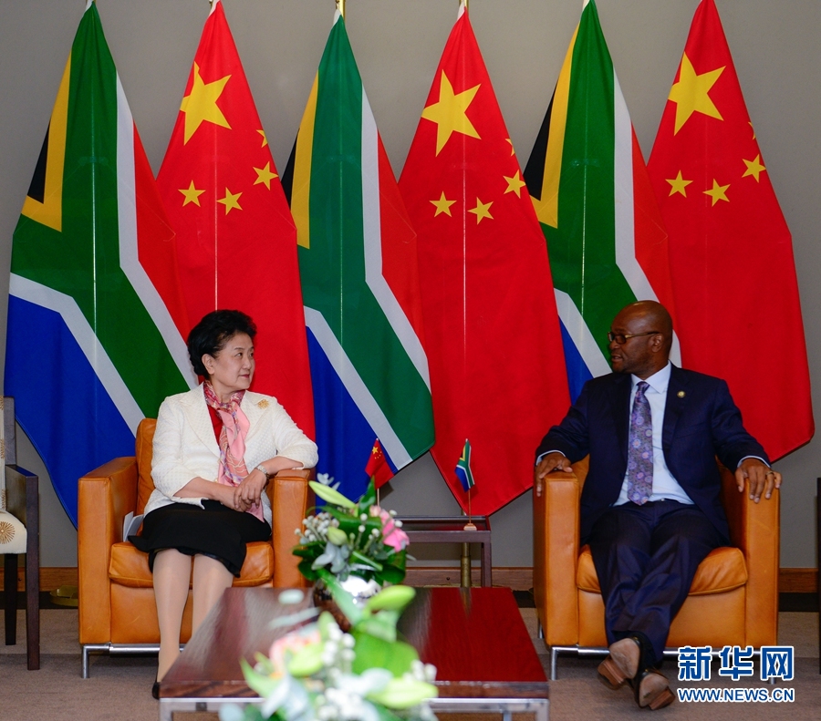 4月24日，中国国务院副总理刘延东（左）在南非比勒陀利亚会见南非艺术和文化部部长、中南高级别人文交流机制南方委员会主席姆特特瓦。新华社记者翟健岚摄