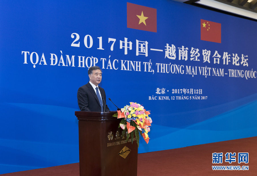 5月12日，国务院副总理汪洋与来访的越南国家主席陈大光在北京共同出席2017中越经贸合作论坛并发表主旨演讲。 新华社记者丁海涛摄