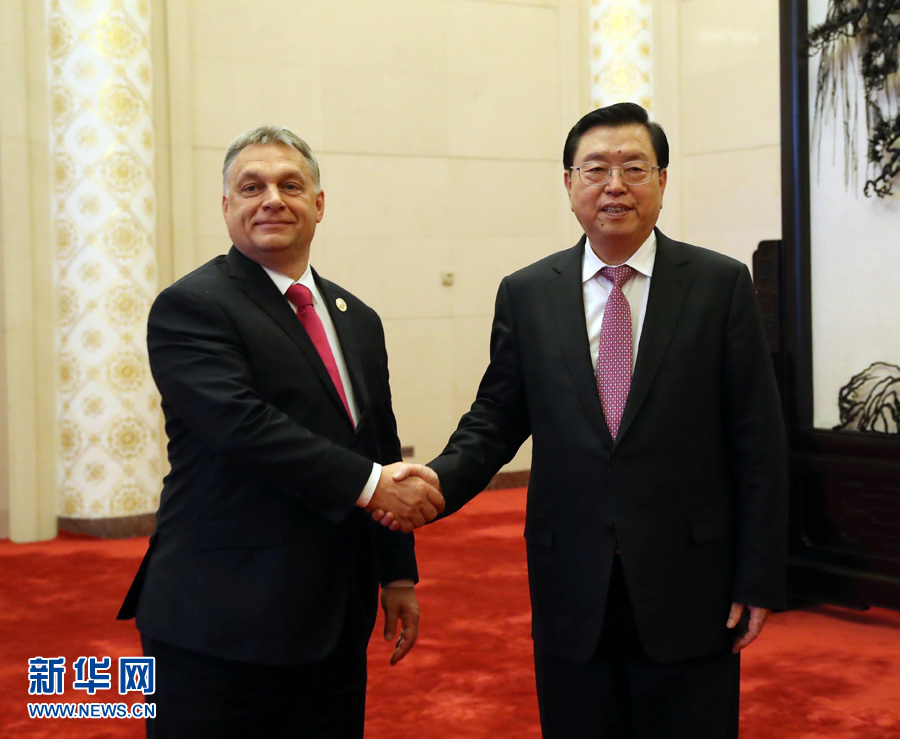 5月15日，全国人大常委会委员长张德江在北京人民大会堂会见匈牙利总理欧尔班。 新华社记者 刘卫兵 摄