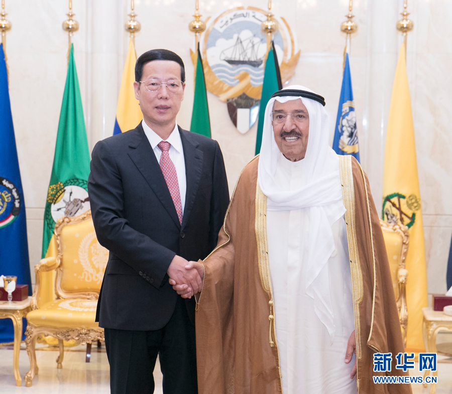 8月22日，应邀访问科威特的中共中央政治局常委、国务院副总理张高丽在科威特城会见科威特埃米尔萨巴赫。 新华社记者 王晔 摄