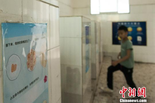  图为广西柳州文惠小学在男厕所悬挂的性知识绘本，让学生在排队上厕所，或蹲厕所时，抬头即能看见。　黄威铭 摄