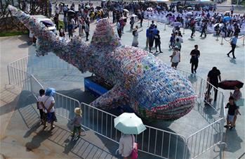 山東日照：廢舊塑膠瓶變“鯨鯊”